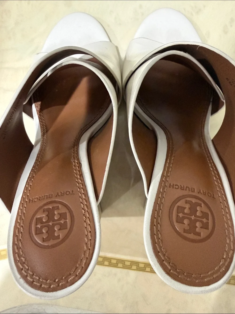 Tory Burch White Leather Open-Toe Wedge Sandals with Multicolor Geometric Heel
